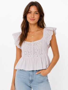 American Eagle Outfitters Lavender Eyelet Ruffle Peplum Top Size Medium